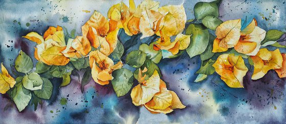 Branch of yellow bougainvillea - original watercolor expressive flowers