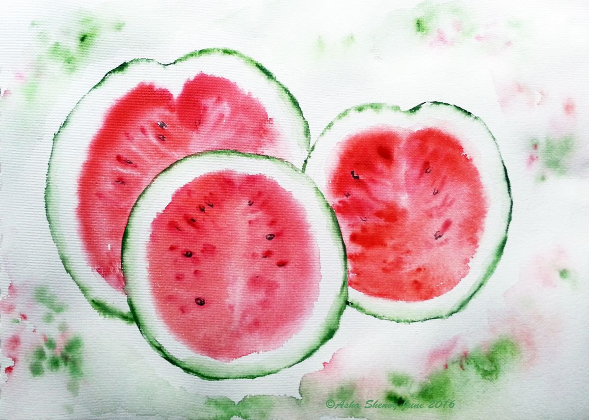 Watermelon Slices Summer fruit Watercolor on paper 8.5x 11.5 by Asha Shenoy
