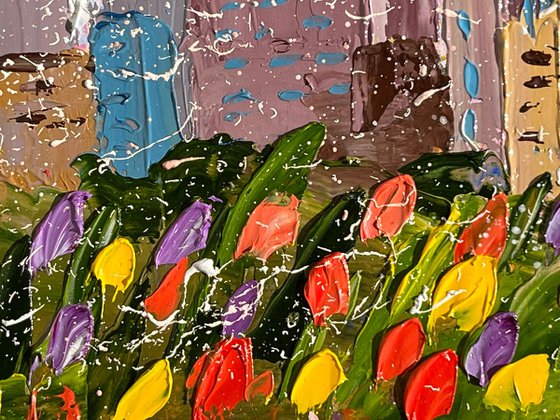 New York Painting Cityscape Original Art Tulips Oil Artwork NYC Home Wall Art 12 by 8" by Halyna Kirichenko