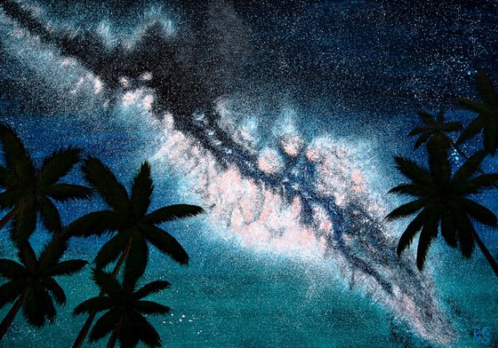Tropical night symphony with palm trees