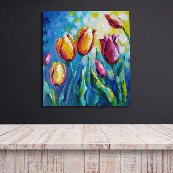 Spring - flowers, tulips artylic, acrylic painting,  flowers, still life, flowers of tulips, flowers acrylic