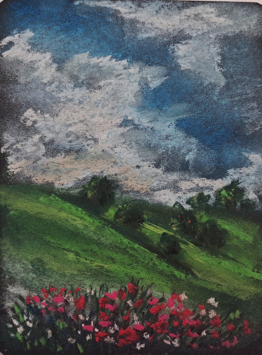 Impressionistic Landscape Pastel Drawing By Oksana Fedorova, 6 X 8", Flowers On The Field, Original Artwork