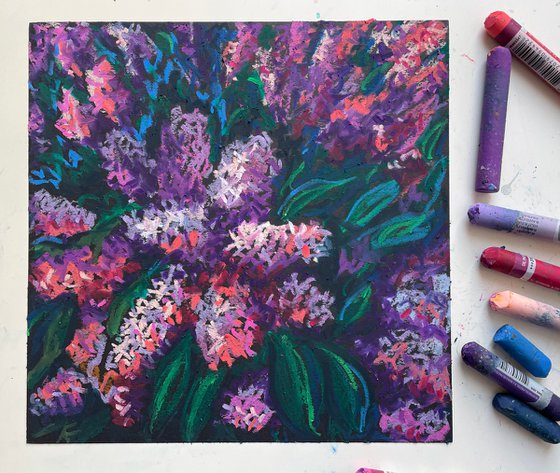 Lilac Flowers Oil Pastel Painting, Floral Original Drawing, Purple Gift for Her, Spring Floral Wall Art