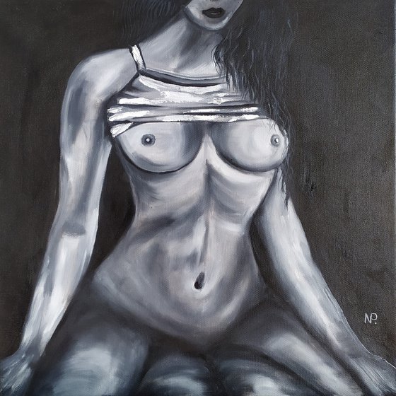 Desire, black and white erotic nude girl oil painting, gift art, bedroom painting