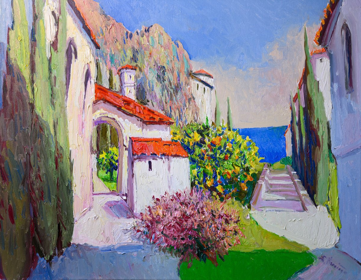 Expressive Landscape Oil Painting By Suren Nersisyan, 28 X 22", Hispanic Houses And The Ocean, Original Artwork