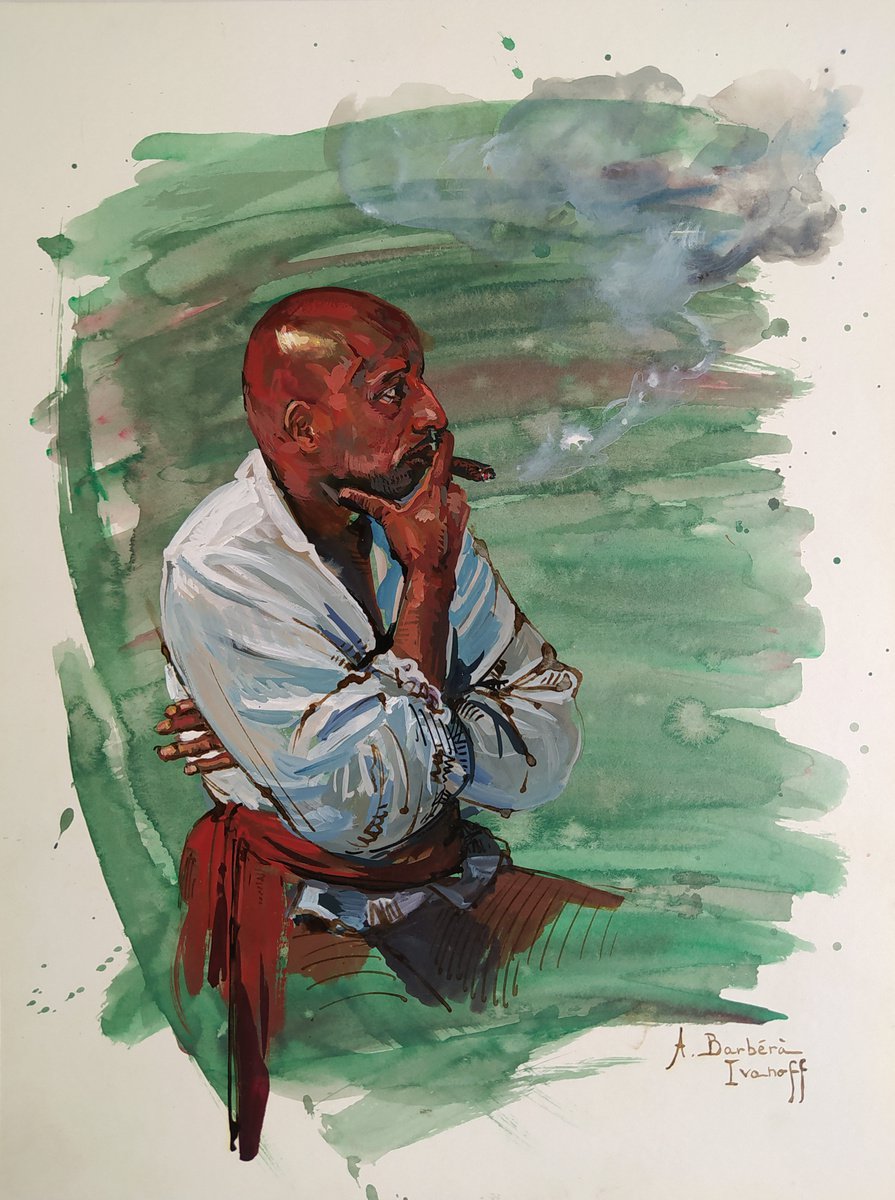 Expressive Portrait Drawing By Alexandre Barbera-Ivanoff, 12 X 16, A Break In Saint-Malo, Original Artwork