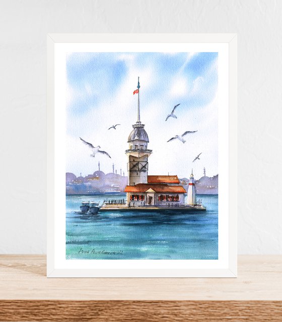 Seagulls at Bosphorus original waterolour landscape painting beach wall art sea artwork