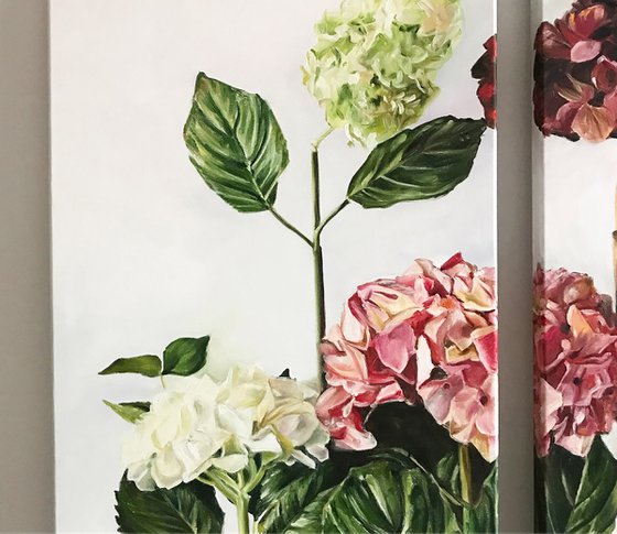 Triptych oil painting "Clouds of hydrangeas" 140 * 70 cm