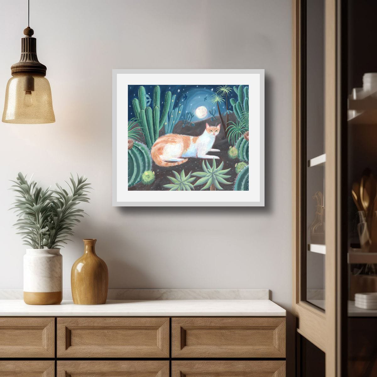 Illustrative Animal Acrylic Painting By Mary Stubberfield, 13 X 11", Cactus Garden Cat, Original Artwork