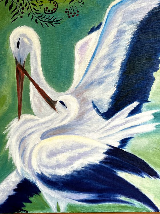 Storks Painting Birds Original Art Animal Oil Artwork Canvas Wall Art