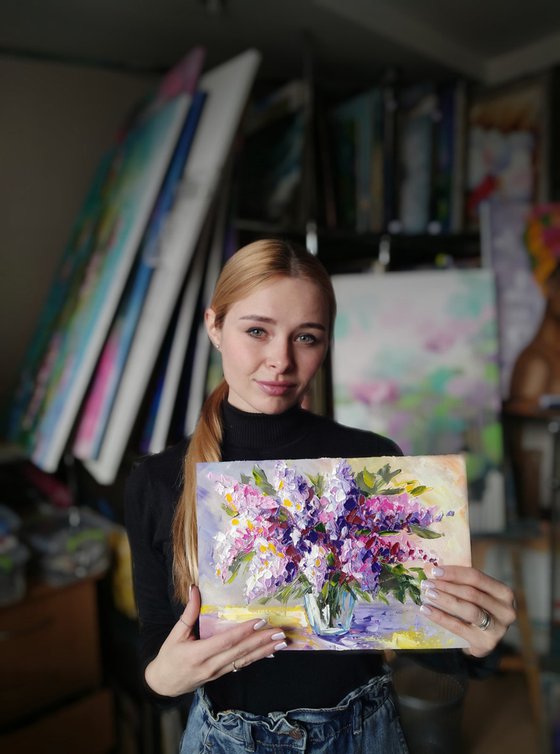 Spring sketch - oil painting, lilac, lilac bouquet, flowers, flowers oil painting, lilac flowers, gift for wedding, spring