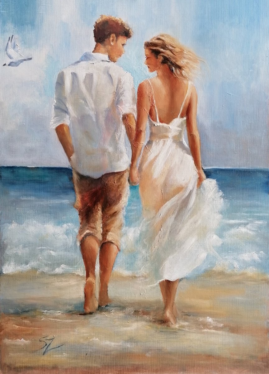 Impressionistic Portrait Oil Painting By Susana Z. Harris, 12 X 16", Walk On The Beach, Original Artwork