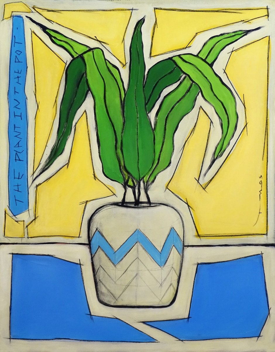 Naive Botanical Acrylic Painting By Tehos, 31 X 39", Tehos - A Plant In The Pot, Original Artwork