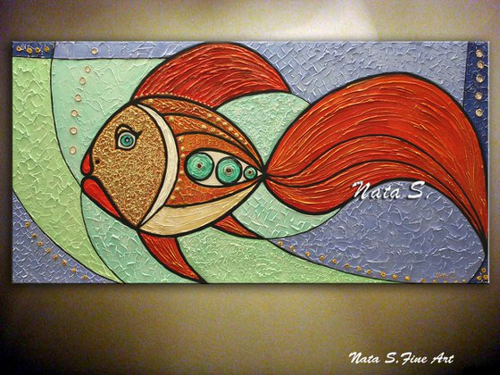 Modern Textured Fish Painting, Large Abstract Gold Fish Painting 24" x 48"