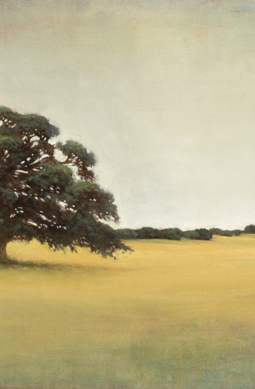 Field And Tree 220319, Tonal oak tree landscape painting by Don Bishop
