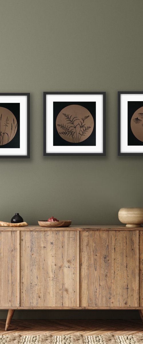 Botanical Triptych Linocuts (Copper on Black - Unframed) by Amy Cundall