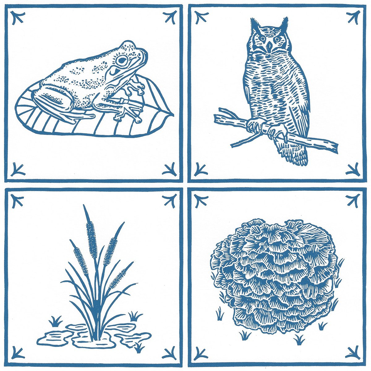 Frog/Great Horned Owl/Cattail/Hen of the Woods by Francis Stanton