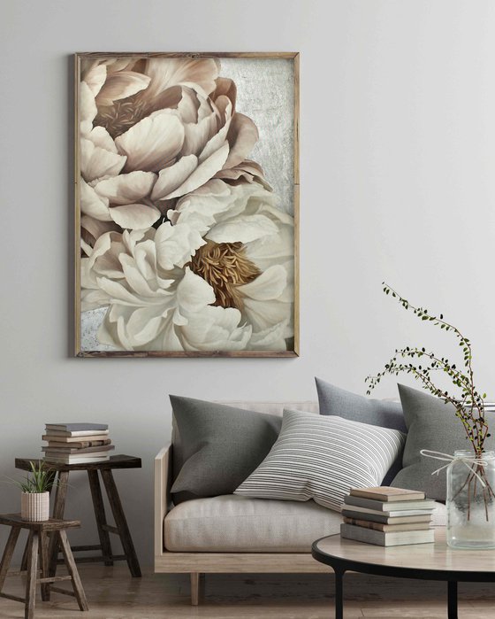 "Silk Flowers 2" White pink silver peonies