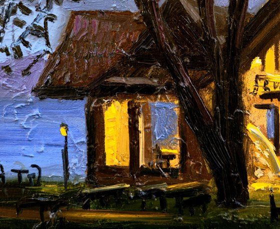 Nightfall at the lakeside lodge