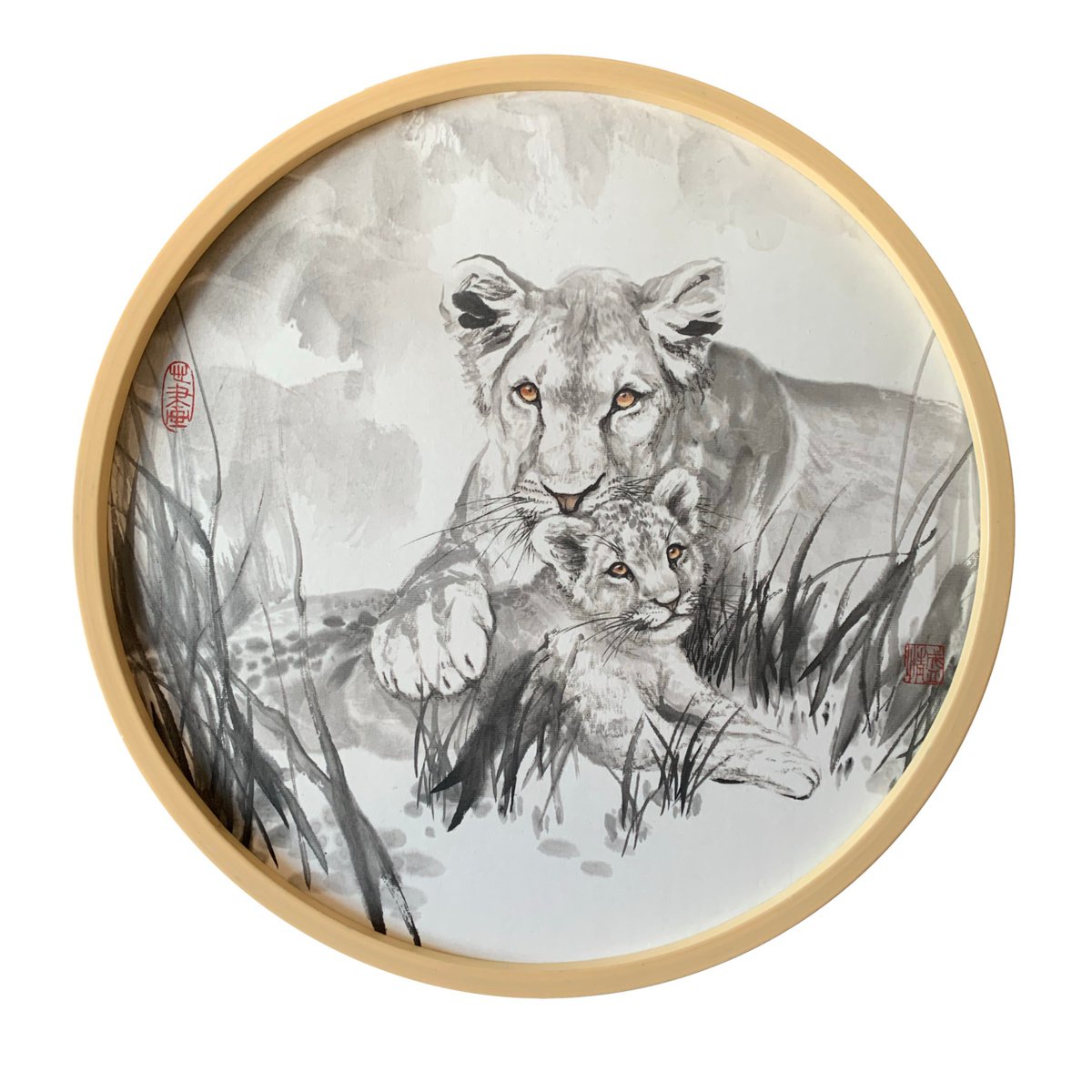 Lion Ink Brush Painting, Original Artwork, Framed by Fiona Sheng