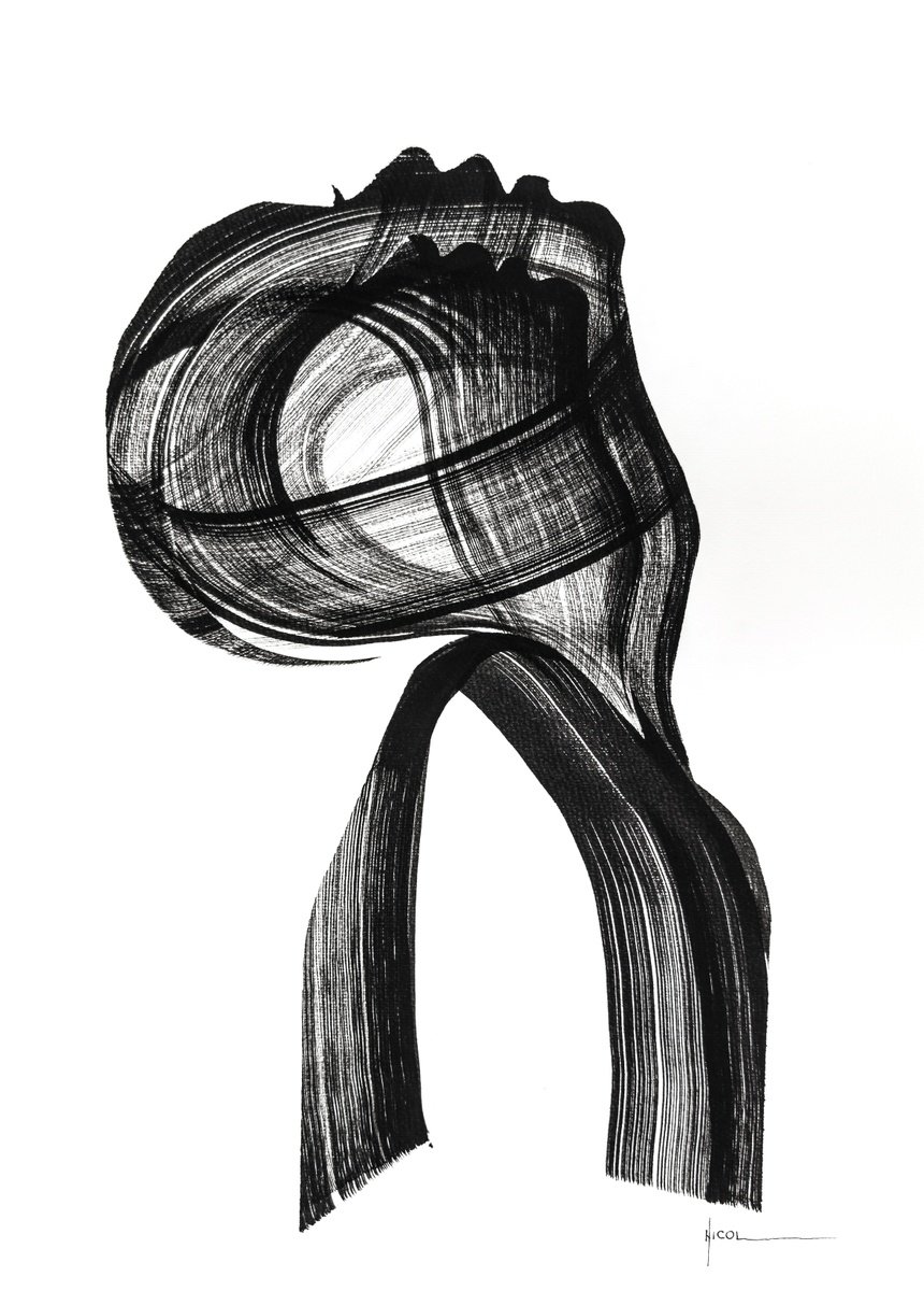 Expressive Portrait Ink Drawing By Nicol Vacaru, 15 X 22", Unspoken Loop, Original Artwork