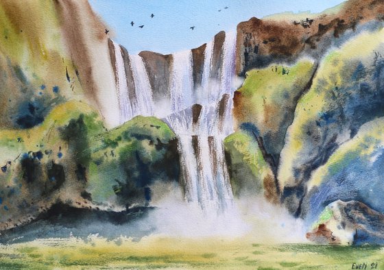 Waterfall. Summer landscape. Watercolor artwork.