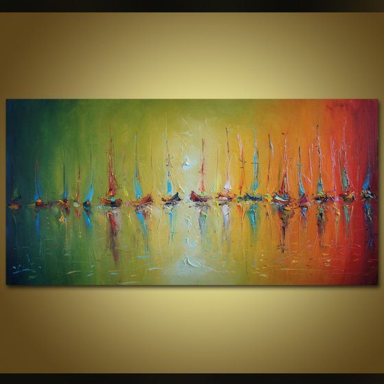 Rainbow in the sea, Abstract painting, Sailboats Painting