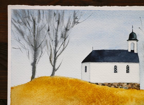 The old church on the hill. Autumn landscape. Original watercolor artwork.