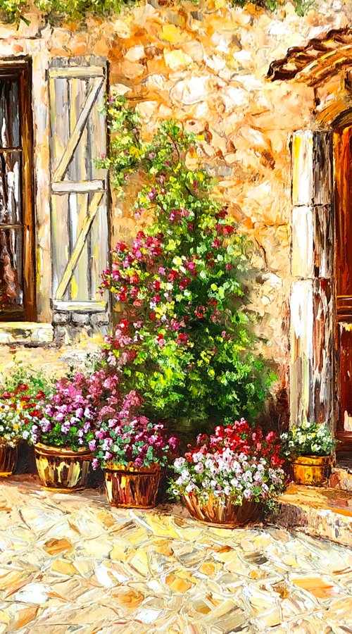 QUIET AFTERNOON - Old Town. Italy. Tuscany. Street. Paving stones. City Garden. Roses Bushes. Shutters. Old House. by Marina Skromova