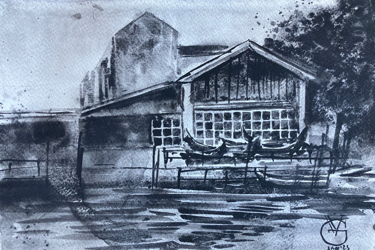 Impressionistic Landscape Watercolour By Valeria Golovenkina, 10 X 7", Boats On The Grass 14, Original Artwork