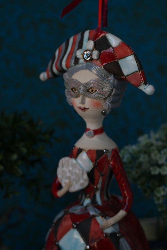 Carnival Dame as sculptured ceramic bell doll by Elya Yalonetski