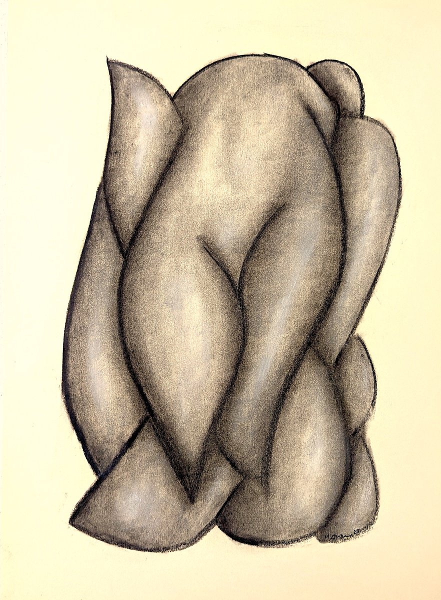 Geometric Abstract Charcoal Drawing By Massimo Castronuovo, 8 X 12", Intertwined Bodies, Original Artwork