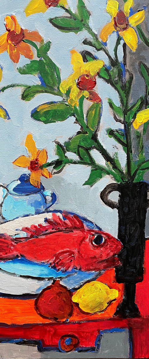 Still Life with Fish and Vase of Flowers. by Mutlu Ertac