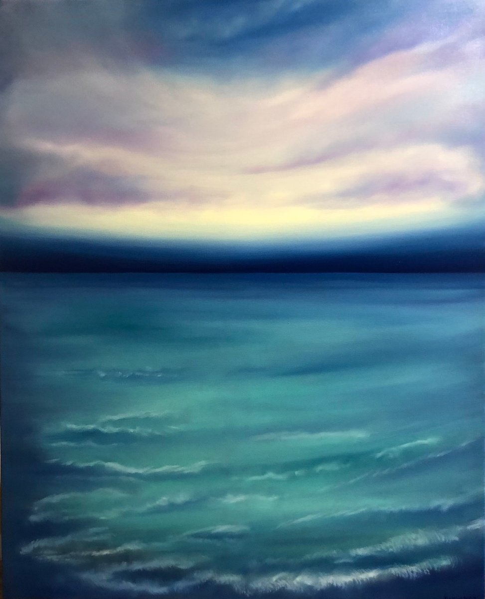 Impressionistic Landscape Oil Painting By Nataliia Krykun, 33 X 41", Sunset Sea, Turquoise Waves, Original Artwork