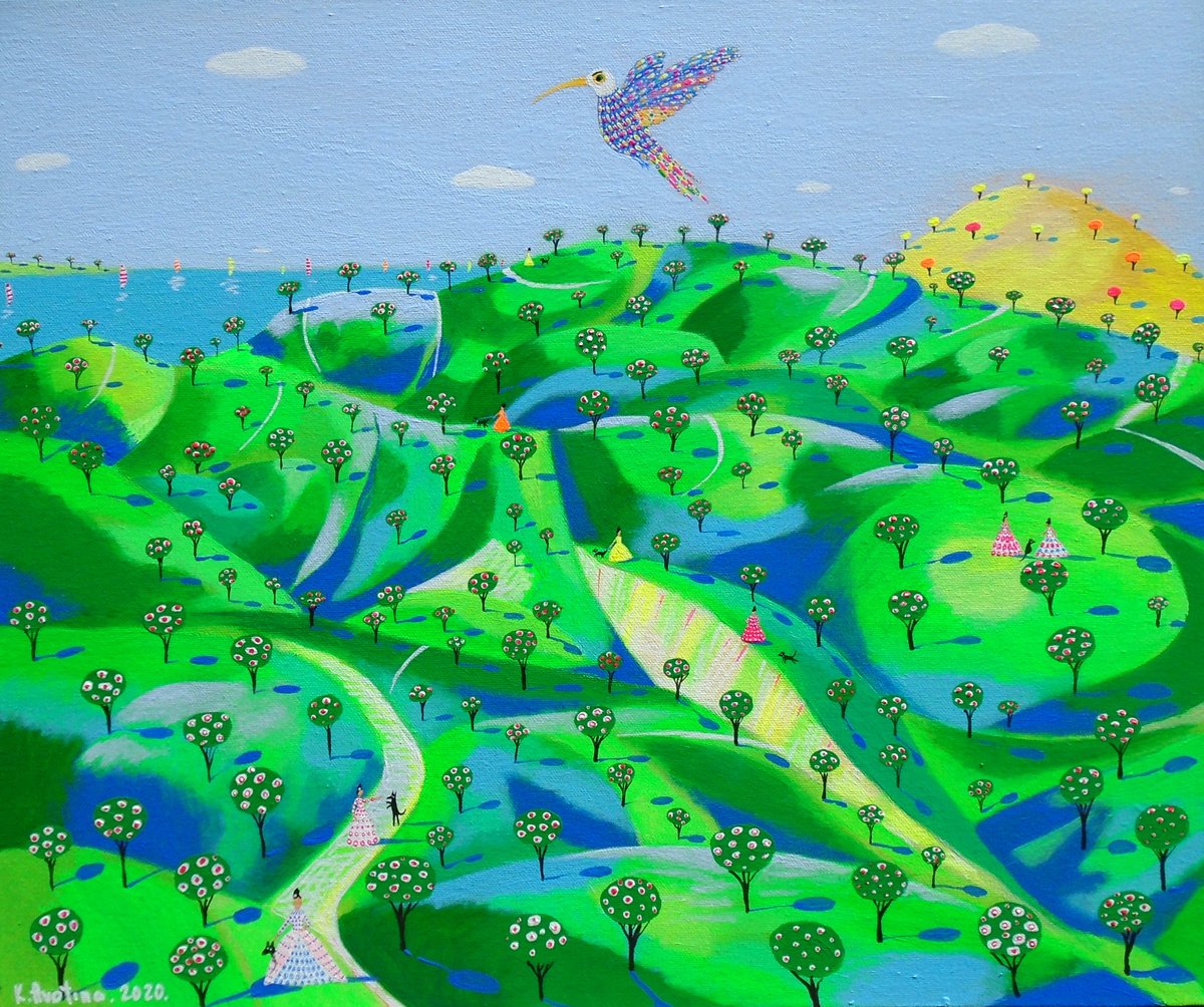 Impressionistic Landscape Acrylic Painting By Katrina Avotina, 24 X 20", The Golden Mountain Story, Original Artwork