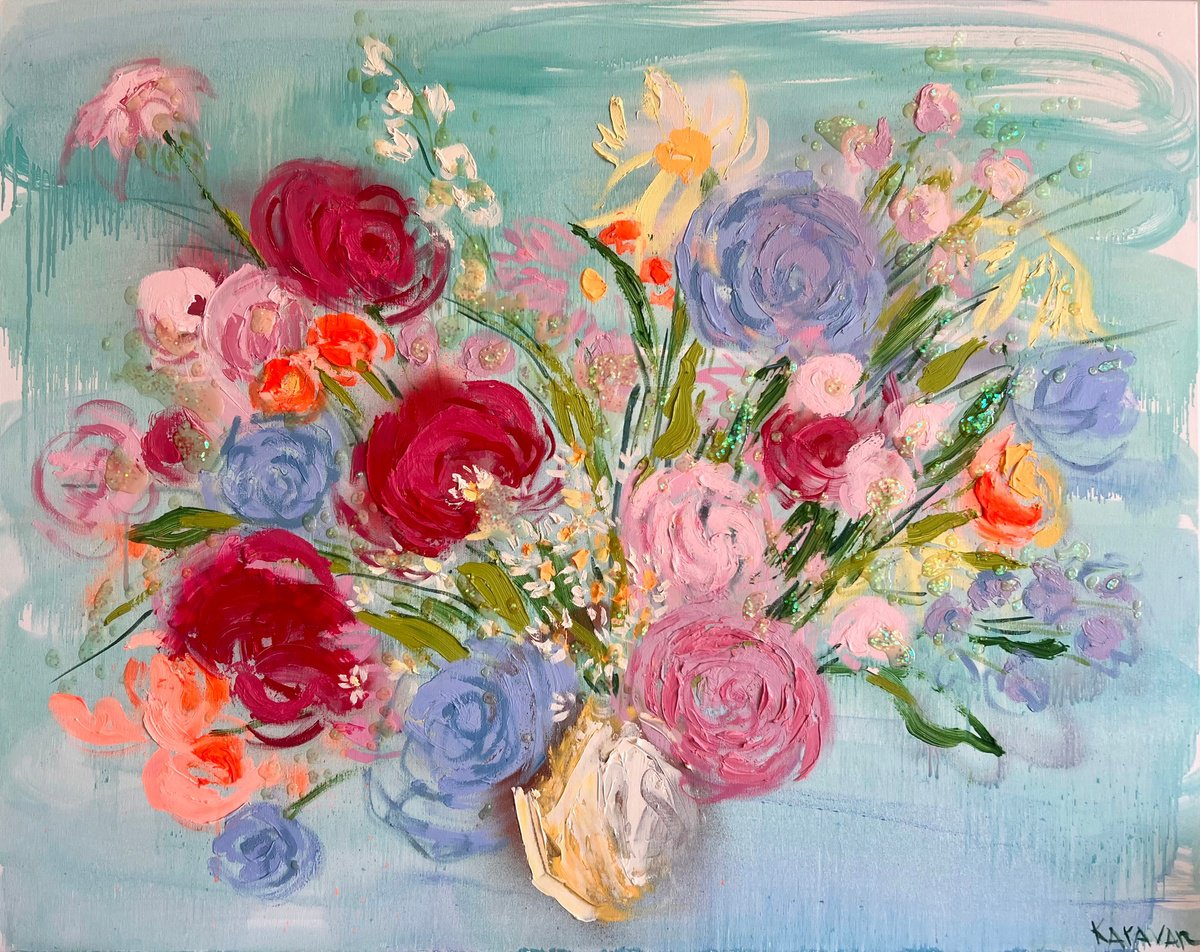 Impressionistic Botanical Oil Painting By Nataliia Karavan, 39 X 31", Morning Blossoms, Original Artwork