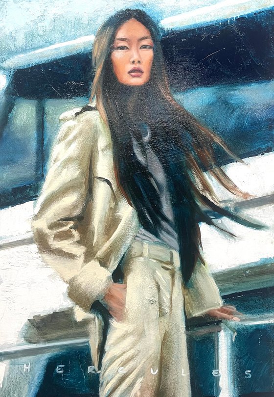 Asian girl on yacht, blue white oil painting with beautiful woman and boat