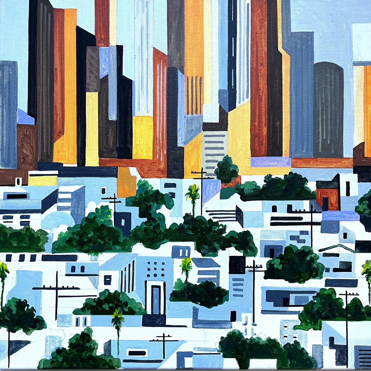 Urban And Pop Cityscapes Acrylic Painting By Andre Baldet, 16 X 16, Los_Angeles-Downtown-15C, Original Artwork