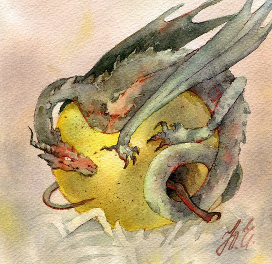 Dragon on apple in Watercolor, Fantasy by Yulia Evsyukova