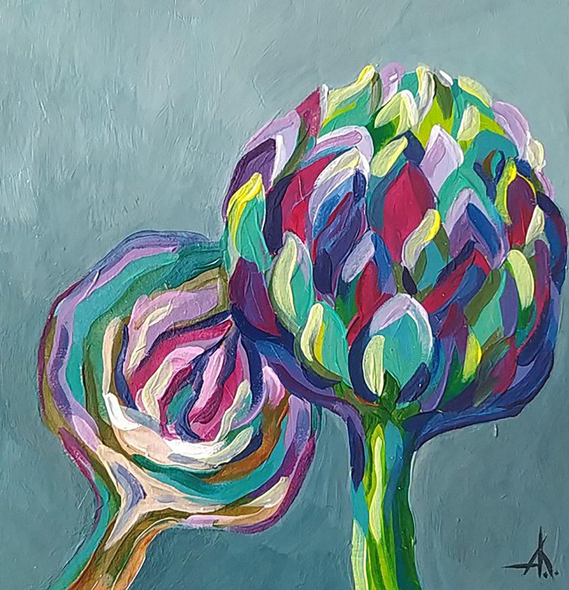 Artichoke - acrylic, plant, small painting, acrylic painting, artichoke flowers by Anastasia Kozorez