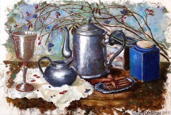 Blue Jar and Silver Service