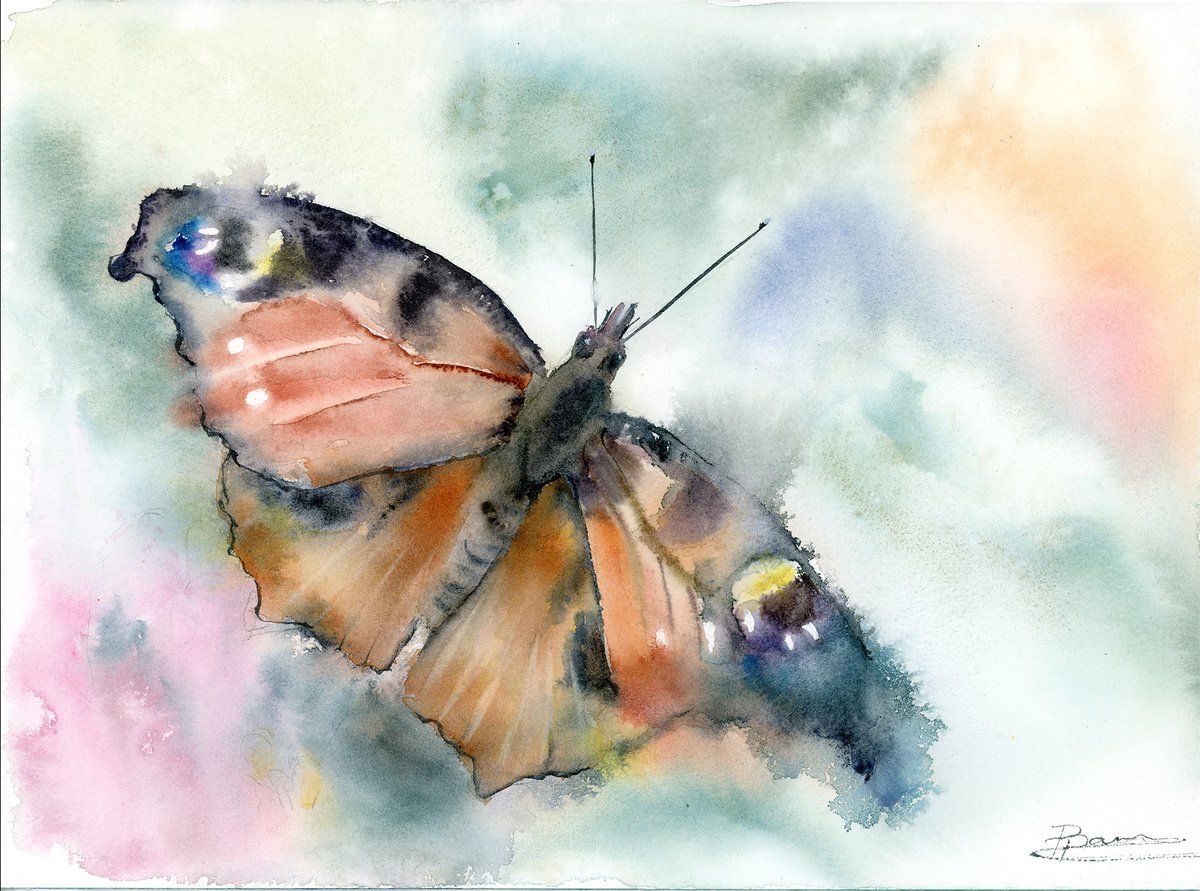 Impressionistic Animal Watercolour By Olga Tchefranov (Shefranov), 14 X 10", Peacock Butterfly, Original Artwork