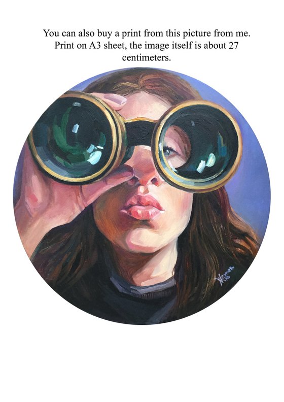 Portrait of a girl with binoculars. Interior female portrait, love for the sea.