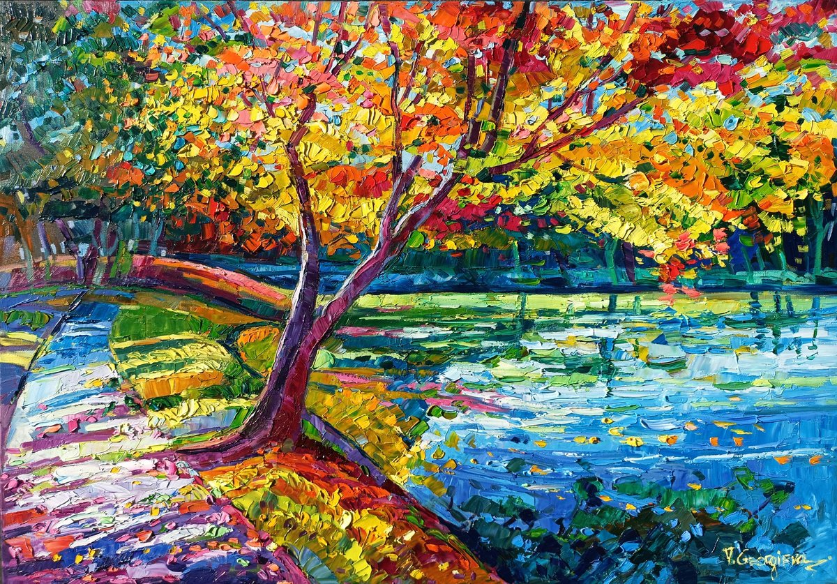 Expressive Landscape Oil Painting By Vanya Georgieva, 39 X 28", Golden Season Tree 5, Original Artwork