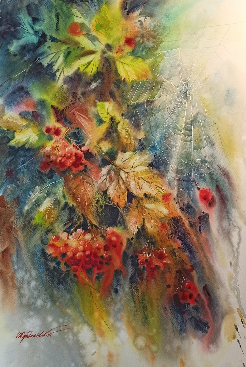 Impressionistic Botanical Watercolour By Olga Drozdova, 15 X 22", Red Viburnum, Original Artwork