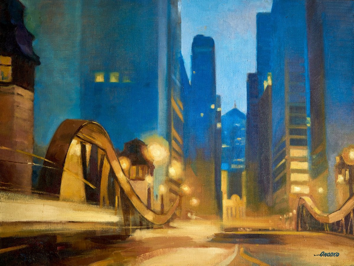 Photorealistic Cityscapes Oil Painting By Olga Onopko, 31 X 24", American Contrasts, Original Artwork