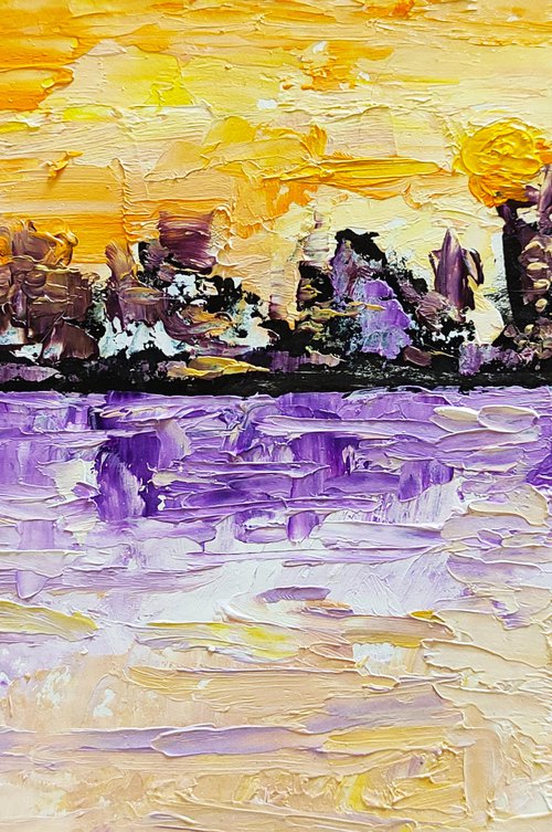 Skyline Painting Small Original Art Michigan Artwork Sailboat Wall Art Chicago Cityscape by Yulia Berseneva