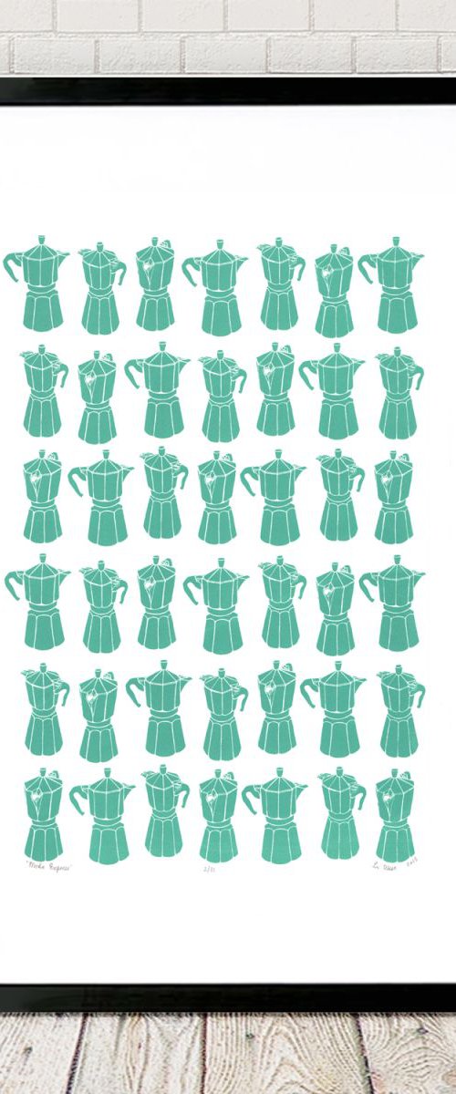 Moka Express Coffeemaker Print in Sea Green A2 Size - Framed - FREE UK Delivery by Lu West