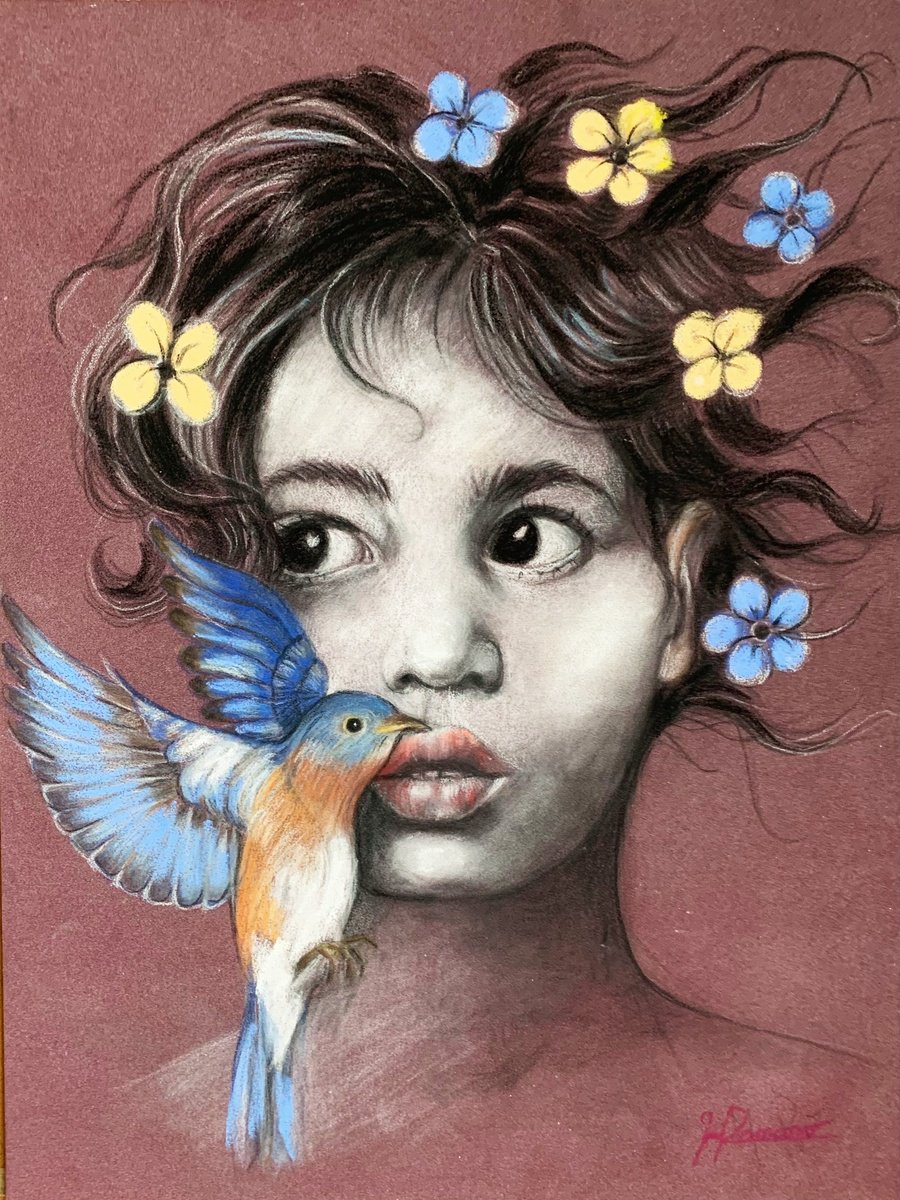 Expressive Animal Pastel Drawing By Maria Romano, 9 X 13", Blue Bird, Original Artwork