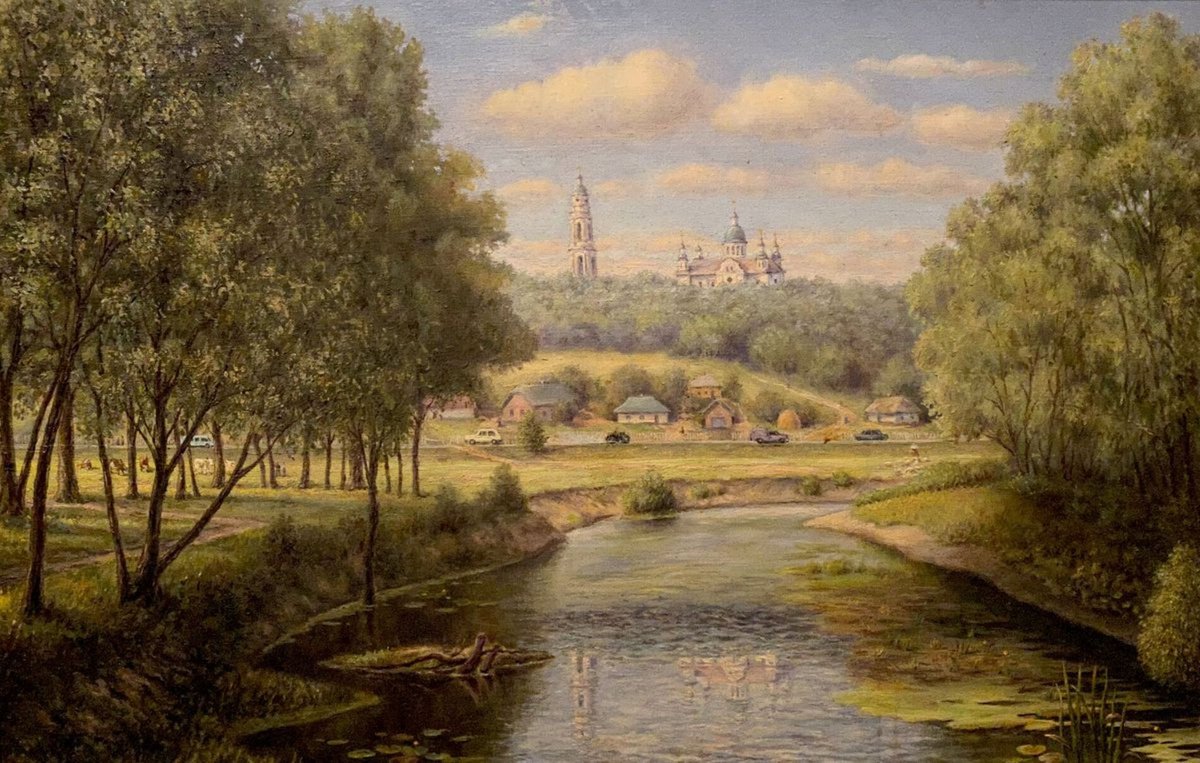 Impressionistic Landscape Oil Painting By Oleg And Alexander Litvinov, 19 X 30", Landscape With A Monastery, Original Artwork